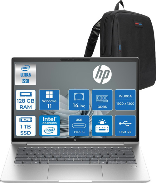 Probook 4 G1I Intel Ultra5 225H 128GB Ddr5 1tb SSD 14" Inch Intel® Arc™ 130T Gpu Wuxga (1920X1200) IPS 300NITS WIN11PRO Taşınabilir Bilgisayar D29QJETP38+ZETTAÇANTA