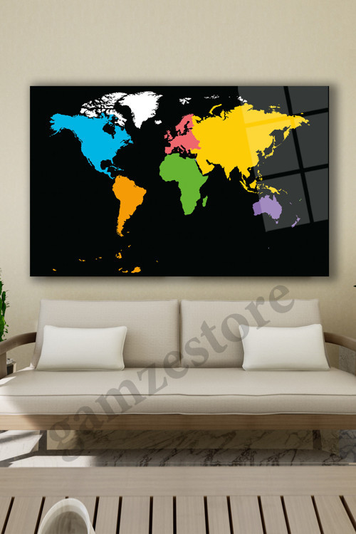 Renkli Dünya Haritası Cam Tablo Ev Ofis Salon Duvar Dekoru Hediyelik Büyük Tablo Dekorasyon
