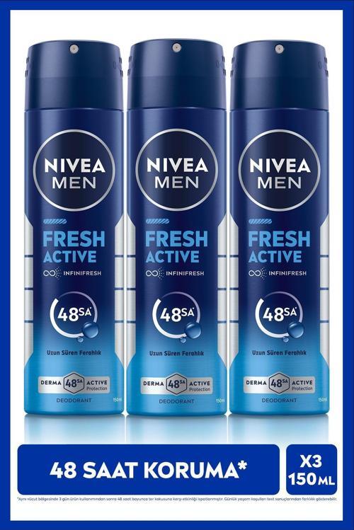 MEN Erkek Sprey Deodorant Fresh Active 150ml, Ter Kokusuna Karşı 48 Saat Koruma, Pudrasız, X3 Adet