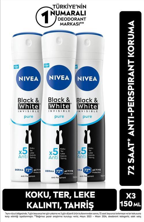 Invısıble Black&whıte Pure Sprey Deodorant 150ml Kadın 3'lü Paket