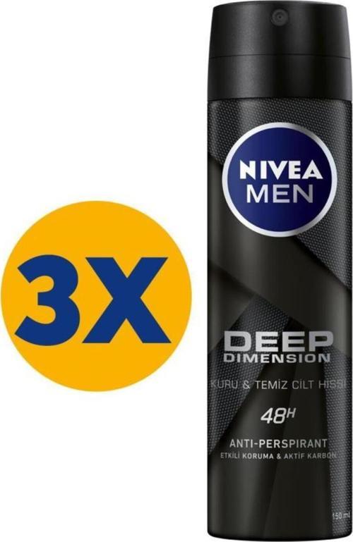 MEN Erkek Sprey Deodorant Deep Dimension Aktif Karbon 150ml, 72 Saat Anti-perspirant Koruma, X3 Adet