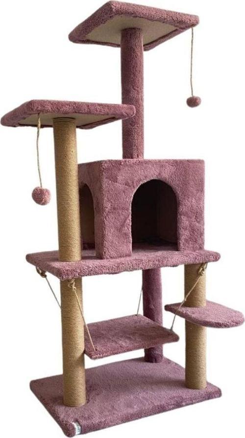 Y-01 Salıncaklı Yuvalı Lüx Kedi Tırmalama Oyun Evi-Gül Kurusu