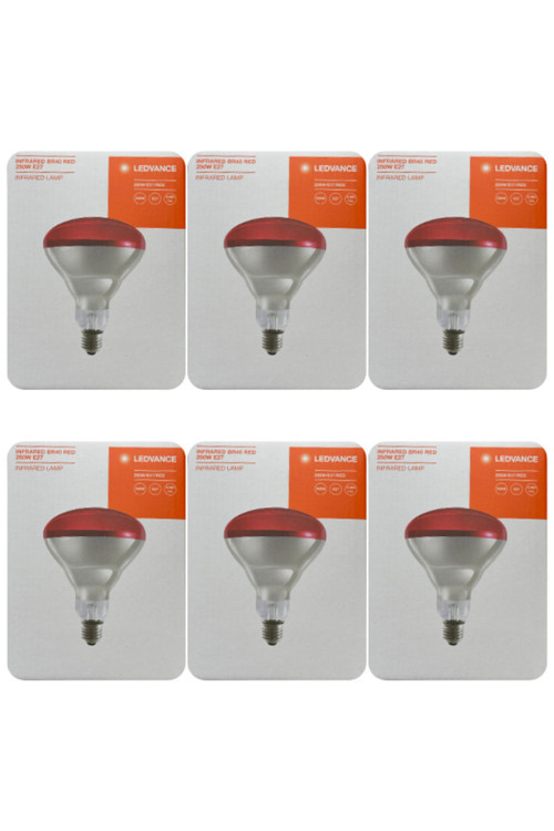 (6 Adet) Ledvance 250W Kızılötesi Hayvan İsıtma Ve Fizik Tedavi Lambası (Kırmızı İşık) E27 Duy