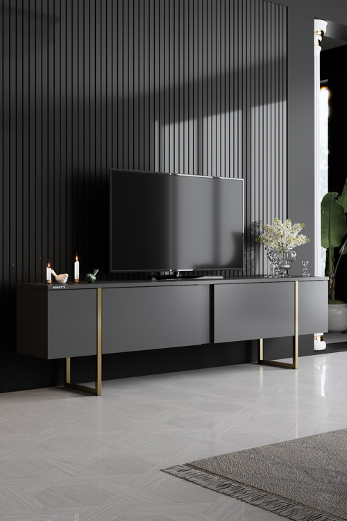 Luxe Gold Demir Ayaklı Antrasit Tv Sehpası Tv Ünitesi