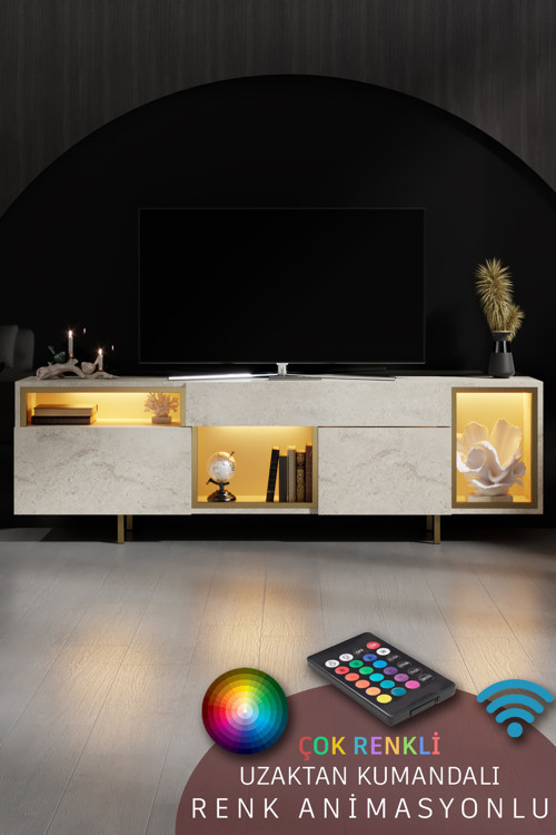 NORM TV ÜNİTESİ RGB LED IŞIKLI GOLD DEMİR AYAKLI RAFLI DOLAPLI TRAVERTEN TV SEHPASI