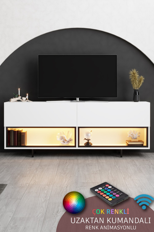 EKOL TV ÜNİTESİ LED IŞIKLI DEMİR AYAKLI ÇOK AMAÇLI DOLAPLI BEYAZ TV SEHPASI_M2