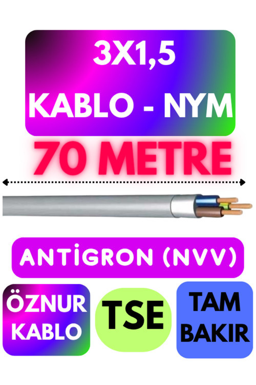 Öznur 3X1,5 ANTİGRON (NYM) Kablo (Gri) Metre Seçenekli 70 METRE