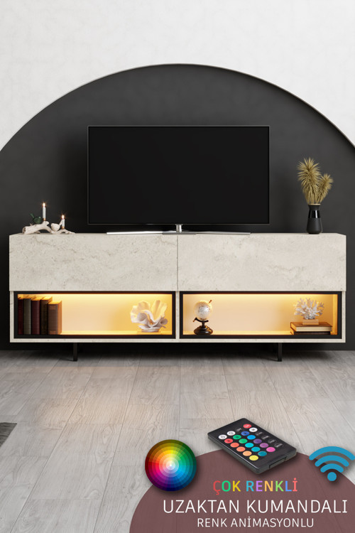 EKOL TV ÜNİTESİ LED IŞIKLI DEMİR AYAKLI ÇOK AMAÇLI DOLAPLI TRAVERTEN TV SEHPASI_M2