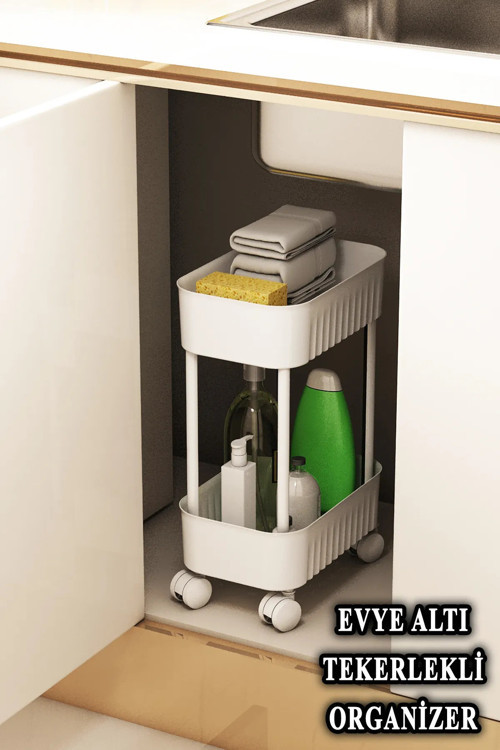Çok Amaçlı 2 Katlı Banyo Organizer Düzenleyici Dolap İçi Tezgah Altı Tekerlekli Organizer