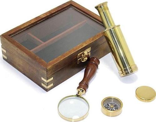 Ahşap Kutulu Pirinç Pusula Dürbün Ve Büyüteç Seti 15424