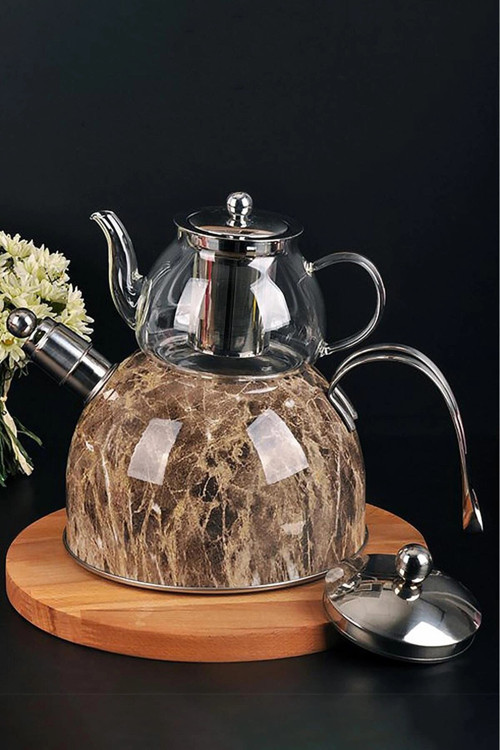 Lüks Mermer Düdüklü Çelik Cam Çaydanlık Seti – Kahve & Çay İçin Premium Tasarım