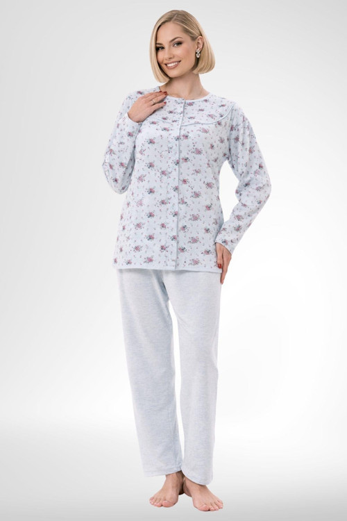 Mecit 6315 Mavi Kadın Boydan Düğmeli Büyük Beden Pijama Takımı