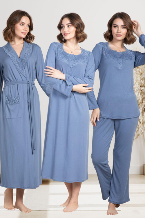 Mecit 6157 İndigo Kadın Sabahlık Pijama Gecelik Set