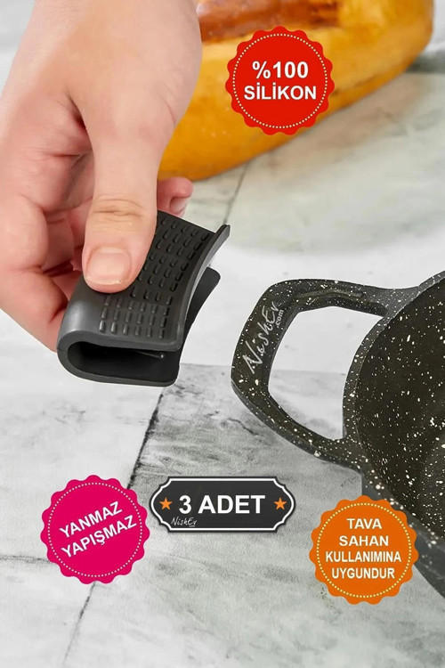 Nishev Premium 3'lü Yanmaz Yapışmaz Silikon Tava & Sahan Tutacağı Seti