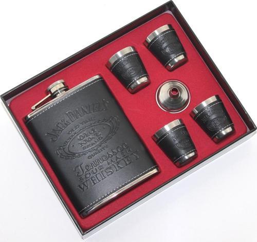 Paslanmaz Çelik Matara 4 Shot Bardaklı Derili Kaplamalı 8 Oz ( 236 Ml ) ALK58