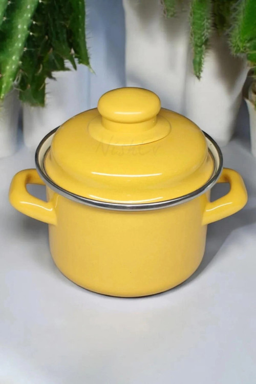 İtalyan Emaye Lüks Mini Tencere – 12 cm, 900 ml – Sarı