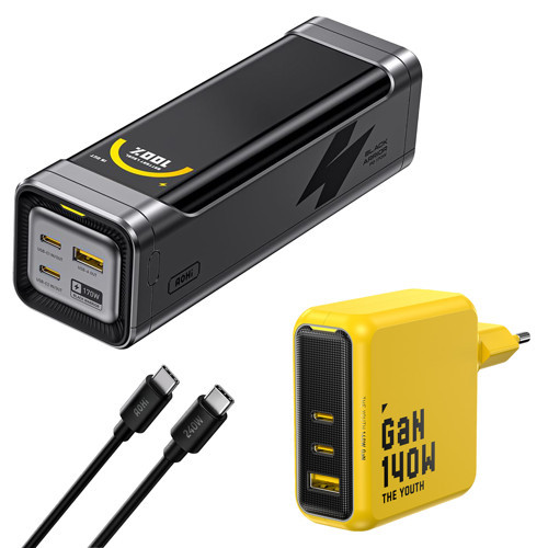 Black Warrior 25.200 mAh 170W Powerbank, Youth 3 Portlu 140W Şarj Adaptörü Seti