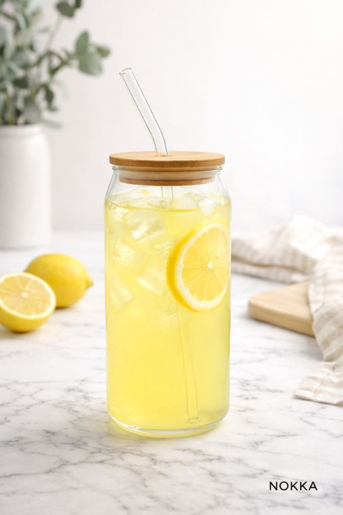 Bambu Kapaklı Pipetli Borosilikat Bardak, Kahve Bardağı, Isı Dayanıklı Bardak, 600 ml