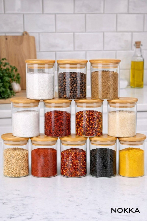 12 Adet Bambu Kapaklı Borosilikat Baharatlık, Saklama Kabı, Çerezlik 200 Ml
