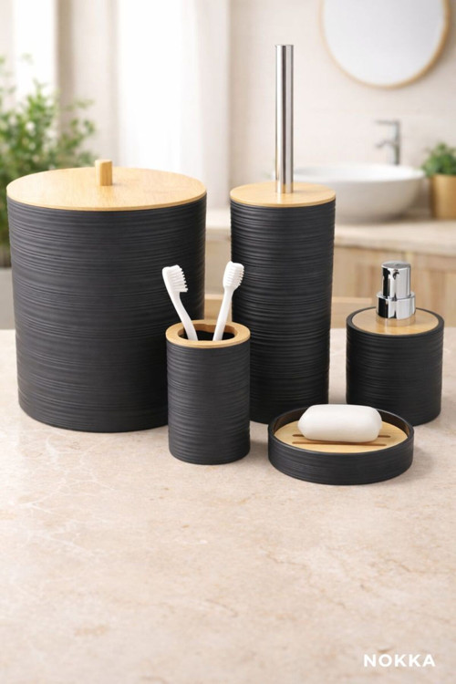 5 Parça Bambu Detaylı Akrilik Banyo Seti, Sabunluk Seti