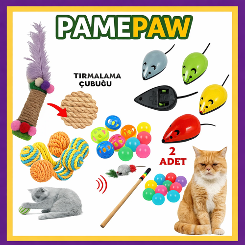 7Li Set : Çek Bırak Fare , Sarma Top , Olta , 2Li Mini Top , Çıngıraklı Top , Tırmalama Çubuğu