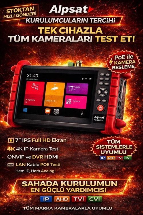 AS033 Profesyonel Kamera Test Cihazı 4K PoE ONVIF 7” IPS | IP AHD TVI CVI CCTV Test Monitörü HDMI WiFi