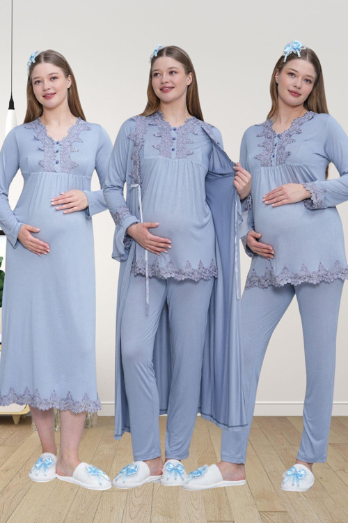 Mecit 1519 Mavi Lohusa Sabahlık Gecelik Pijama Set