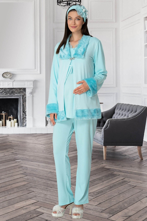 Mecit 5304 Peluş Detaylı Turkuaz Sabahlıklı Lohusa Pijama Takımı