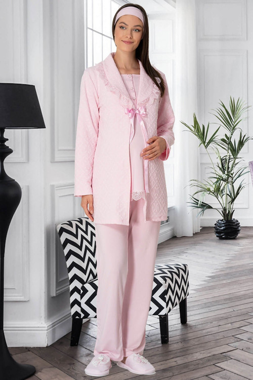 Mecit 5302 Pembe Kapitone Sabahlıklı Lohusa Pijama Takımı