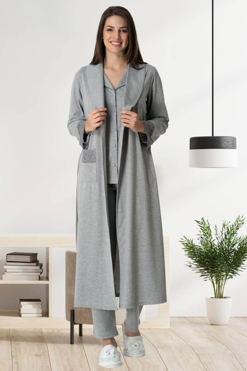 Carpediem 1547 Gri Uzun Sabahlıklı Lohusa Pijama Takımı