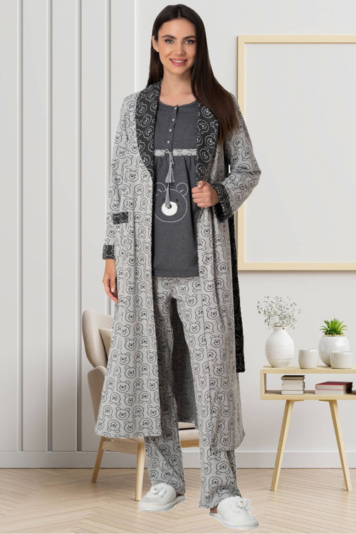Mecit 5551 Gri Sabahlıklı Lohusa Pijama Takımı