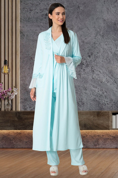 Mecit 5557 Turkuaz Uzun Sabahlıklı Lohusa Pijama Takımı