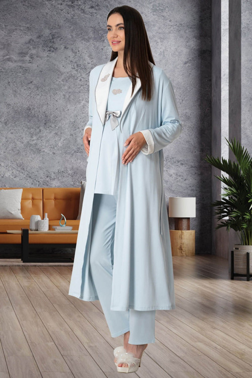 Mecit 5554 Mavi Sabahlıklı Lohusa Pijama Takımı