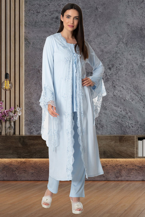 Mecit 5563 Mavi Dantelli Sabahlıklı Lohusa Pijama Takımı