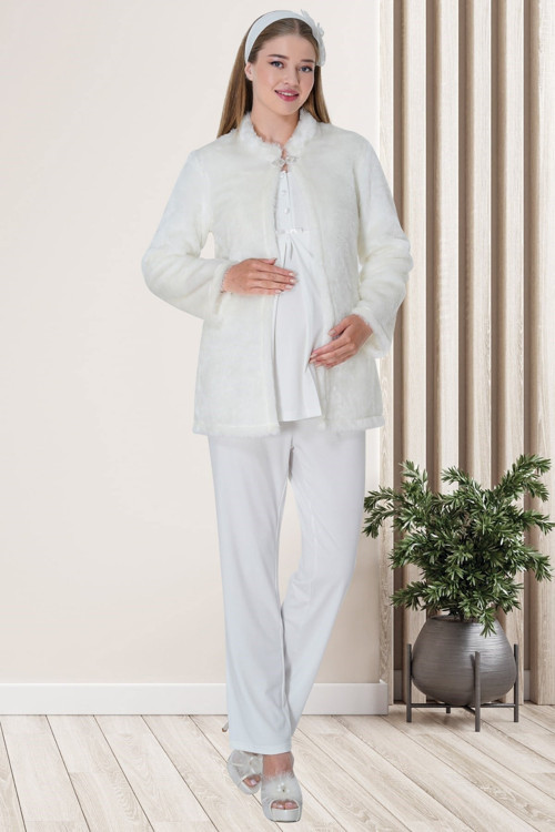 Mecit 5701 Ekru Peluş Sabahlıklı Lohusa Pijama Takımı