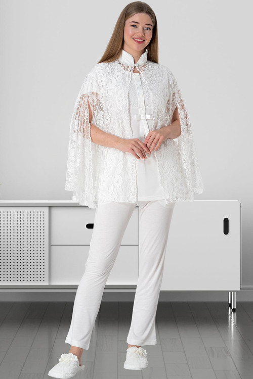 Mecit 5803 Elegant Ekru Dantel Pelerinli Lohusa Pijama Takımı