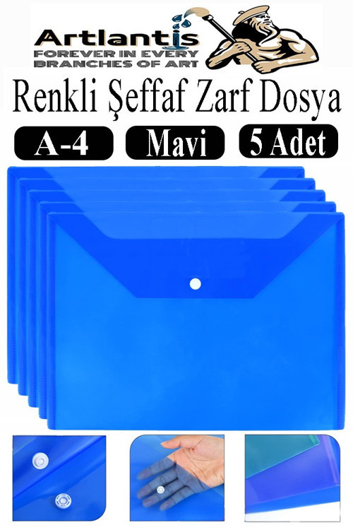 Mavi A4 Çıtçıtlı Dosya Şeffaf Renkli Zarf Dosya 5 Adet Çıt Çıtlı Dosya Su Geçirmez 100 Yaprak Kapasite