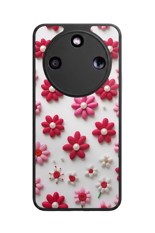 Honor Magic 8 Lite Uyumlu Çiçek ve Papatya Baskılı Glossy Premium Mat Siyah Silikon Kılıf