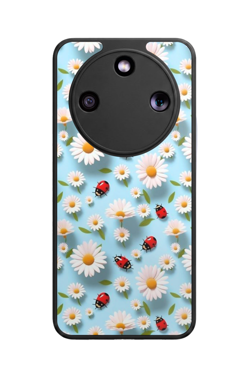 Honor Magic 8 Lite Uyumlu Çiçek ve Papatya Baskılı Glossy Premium Mat Siyah Silikon Kılıf