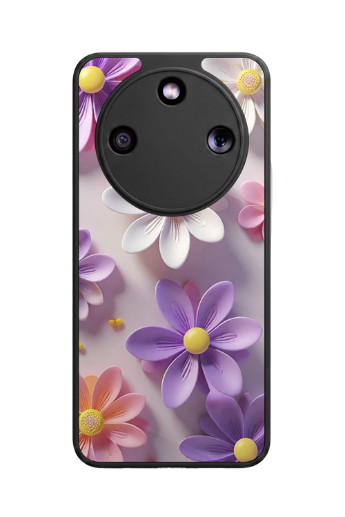 Honor Magic 8 Lite Uyumlu Çiçek ve Papatya Baskılı Glossy Premium Mat Siyah Silikon Kılıf