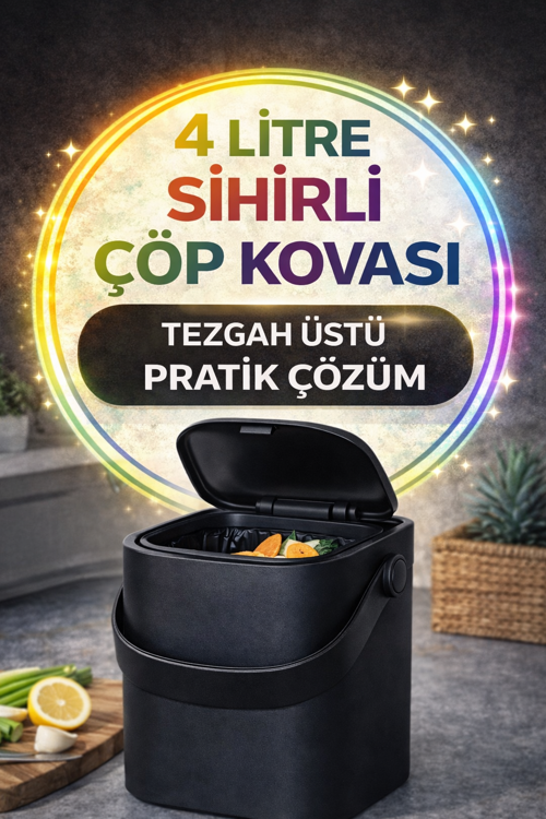 Siyah Akıllı Kapaklı Tezgah Üstü Çöp Kovası İç Kovalı Tutma Saplı Pratik Mutfak Çöp Kutusu 4 Litre