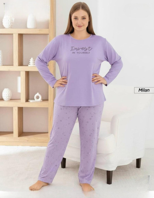 Kadın Milan Büyük Beden Bisiklet Yaka Uzun Kol İnce Pijama Takımı 7666/36 - 1 Adet