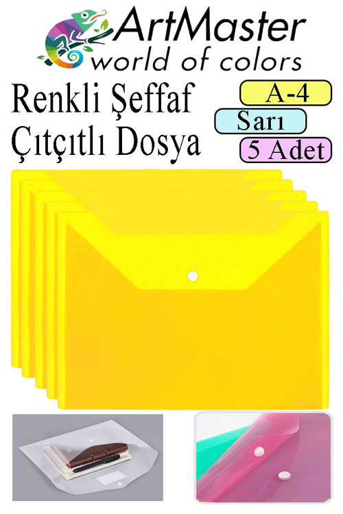 Sarı A4 Çıtçıtlı Dosya Şeffaf Renkli Zarf Dosya 5 Adet Çıt Çıtlı Dosya Su Geçirmez 100 Yaprak Kapasite