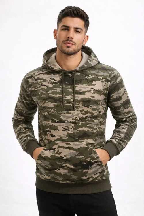 Erkek Kamuflaj Desenli 2 İplik 4 Mevsim Kapüşonlu Kanguru Cepli Hoodie Sweatshirt - Kamuflaj