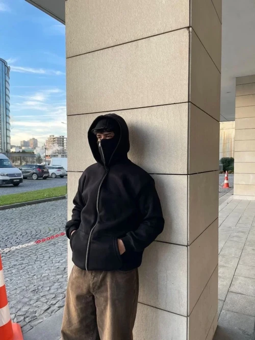 Samuray Ninja Çift Kapşonlu ZIP Fermuarlı Kanguru Çepli Tam Fermuarlı Hoodie Swetshirt - Siyah