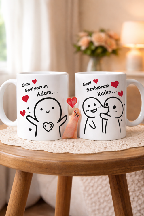 Eşli Çift Kişilik İki Adet Kupa Bardak Seti Seni Seviyorum Adam Yazılı 2'li Çift Yön Baskılı Evli Eşe Hediye
