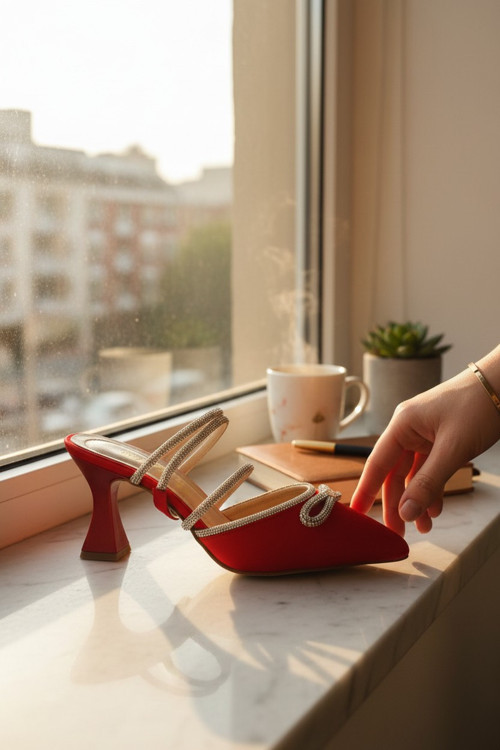 Kadın Kırmzı Kristal Taşlı Fiyonk Detaylı Kadeh Topuklu Çoklu Bantlı Arkası Açık İkonik Stiletto