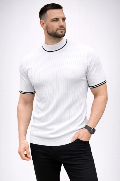 Erkek Fitilli Triko Dokuma Kısa Kol Tişört Yarım Boğaz Modern Yazlık T-Shirt - Beyaz
