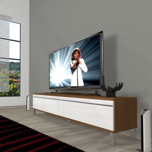 Eko 140T Mdf Krom Ayaklı Tv Ünitesi Tv Sehpası - Ceviz Beyaz