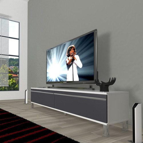 Eko 140T Mdf Krom Ayaklı Tv Ünitesi Tv Sehpası - Beyaz Antrasit